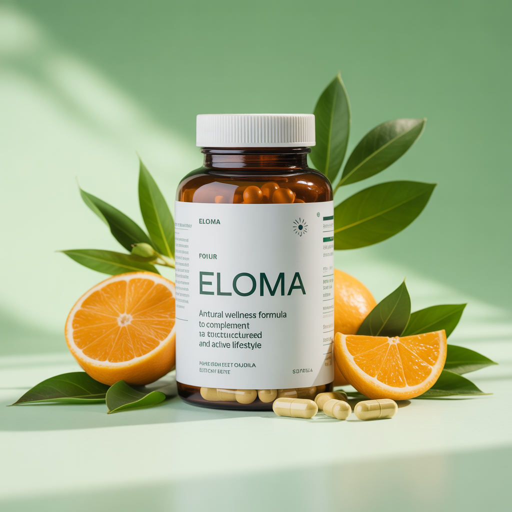 Eloma supplement bottle with green gradient label